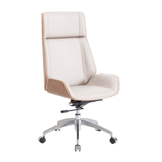 Fauteuil pivotant à roulettes en simili cuir et bois coloris blanc et chêne naturel, 69 x 64 x 107 - 113 cm | Ulrich