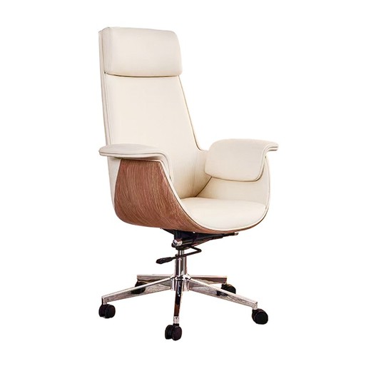 Fauteuil pivotant à roulettes en simili cuir et bois couleur crème et chêne naturel, 69 x 64 x 123 - 131 cm | Oméga