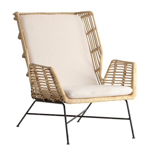 WUTACH Armchair in Rattan, Iron and Natural/Beige Cotton, 71x92x88 cm.