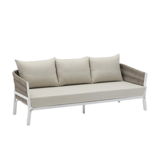 Sofá 3 plazas de exterior de aluminio y tejido en blanco y beige, 195 x 80 x 85 cm | Anmore