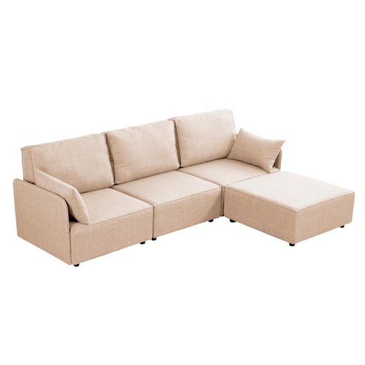 Modular beige wood and polyester chaise longue sofa, 276 x 183 x 93 cm | mou