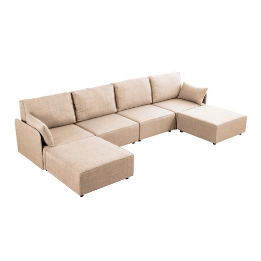 Bank met 2 modulaire chaise longues in beige hout en polyester, 366 x 183 x 93 cm | mou