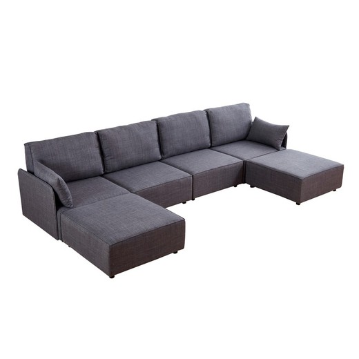 Soffa med 2 modulära schäslonger av trä och grå polyester, 366 x 183 x 93 cm | mou