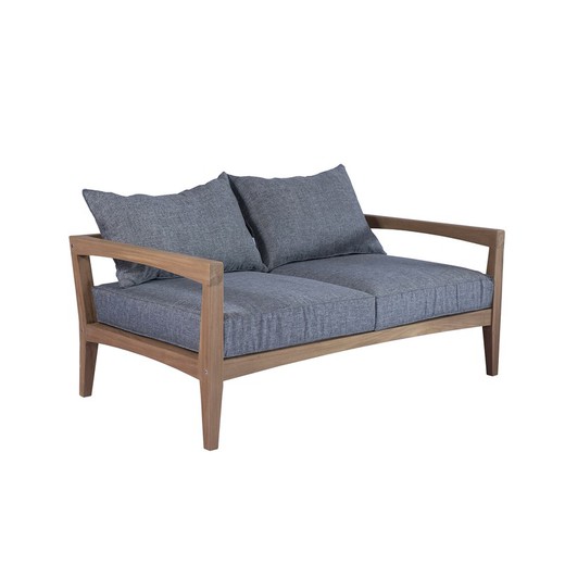 2-seater outdoor sofa in teak wood and honey and dark gray fabric, 162 x 89 x 88 cm | Roxas