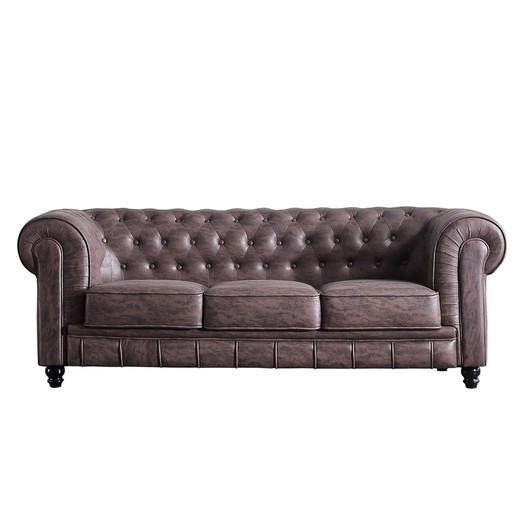 3-sits soffa i brunt tyg, 211 x 84 x 75 cm | chesterfield