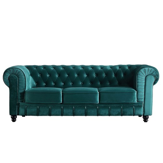 Grøn velour 3-personers sofa, 205 x 82 x 72 cm | chesterfield
