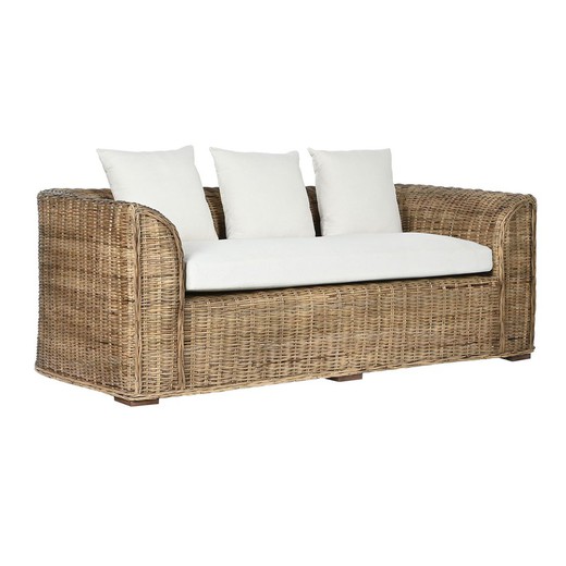 3-osobowa sofa ogrodowa z rattanu i tkaniny w kolorze naturalnym i beżowym, 174 x 88 x 69 cm | Włókno na zewnątrz