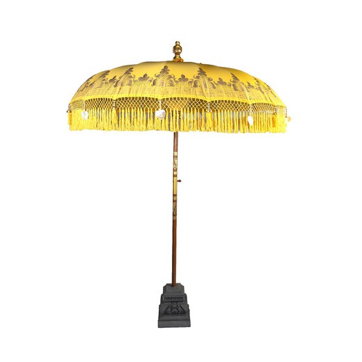 Balijski parasol z poliestru i drewna w kolorze żółtym i złotym, 185 x 185 x 245 cm | Nirwana