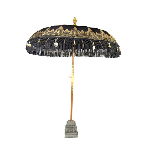 Μπαλινέζικο πολυεστέρα και ξύλινη ομπρέλα σε μαύρο και χρυσό, 185 x 185 x 245 cm | Νιρβάνα