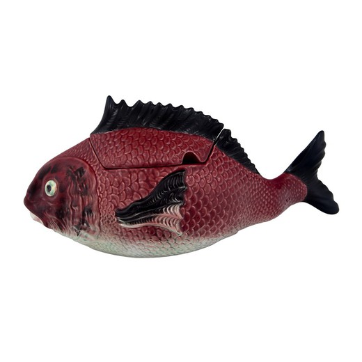 Stoneware soup tureen in maroon and white, 43 x 18 x 23 cm | Fish