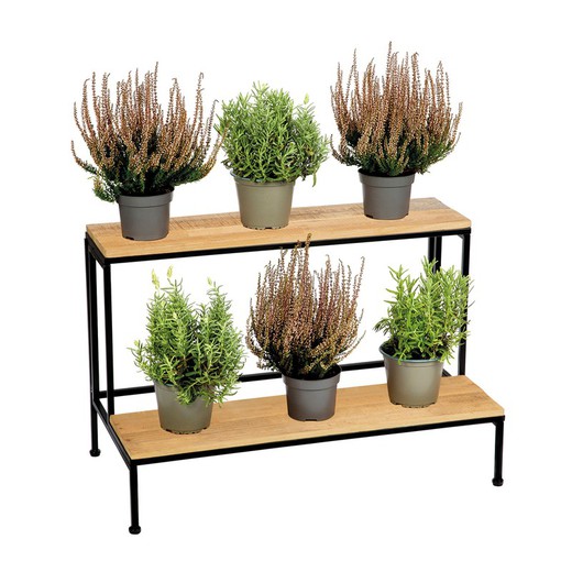 Natural/black wood and metal plant stand, 75 x 40 x 49 cm