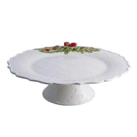 White and multicoloured stoneware cake stand, Ø 35.5 x 13 cm | Christmas wreath