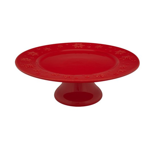 Red stoneware cake stand, Ø 33.5 x 12.3 cm | Snowflakes