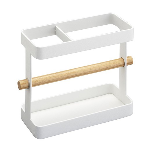 Steel and wood kitchen utensil holder in white and natural, 20 x 7.5 x 14.5 cm | Tosca