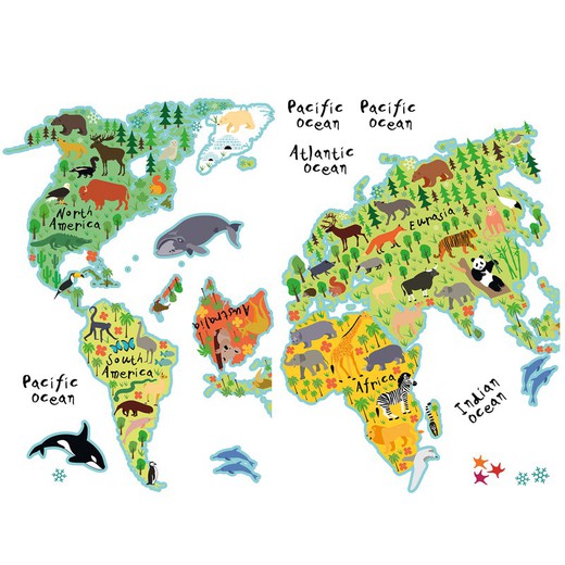 Stickers infantiles con diseño de mapamundi con animales, 48 x 68 cm