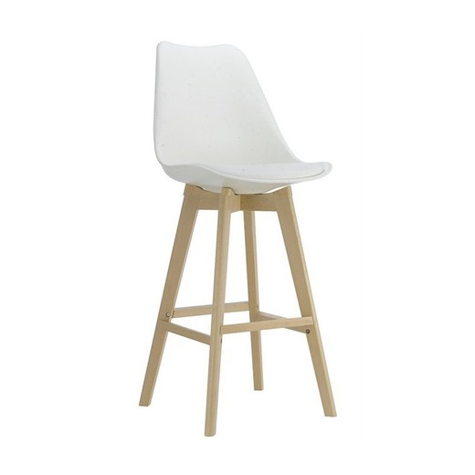 Wysoki stołek z plastikowym oparciem w kształcie wieży, sztuczna skóra i białe/naturalne drewno bukowe, 48'5x55x103'5 cm