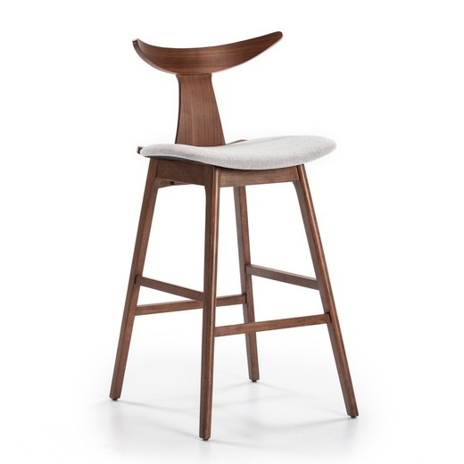 High wooden stool with walnut finish and light gray fabric, 50 x 58 x 77/106 cm