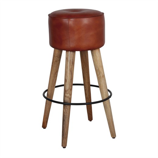 High brown leather and steel stool, Ø 40 x 75 cm | colt