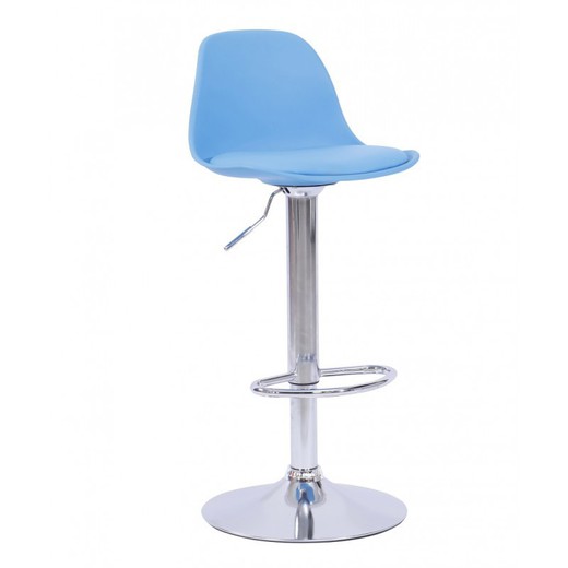 Regulowany wysoki stołek z plastikowym oparciem holowniczym, sztuczna skóra i niebiesko-srebrny metal, 41'5x42x93/114 cm