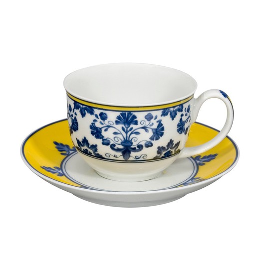 Porcelain coffee cup with saucer in blue and yellow, Ø 11.7 x 5.8 cm | white castle