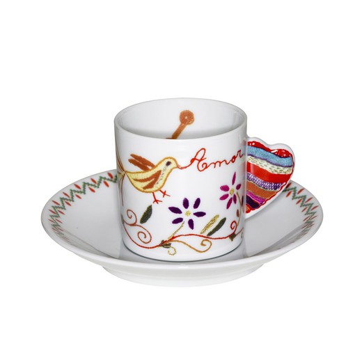 Xícara de café Amor em porcelana com pires multicolor, 11,6 x 11,6 x 5,5 cm | Vila Verde