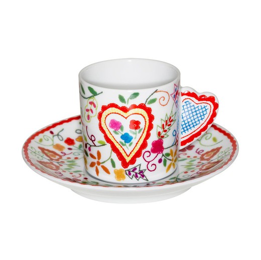 Tasse à café cœur en porcelaine avec soucoupe multicolore, 11,6 x 11,6 x 5,5 cm | Vila Verte