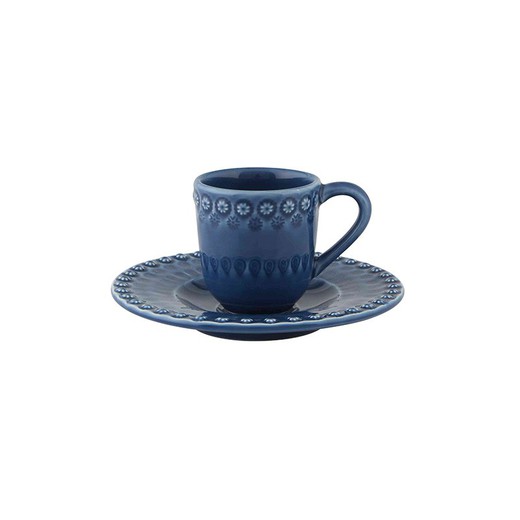 Coffee cup with plate made of earthenware in blue, 14 x 14 x 9 cm | Fantasy