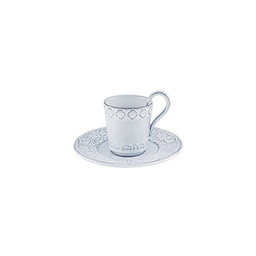 Kaffekop med underkop i lagret hvidt fajance, 14 x 14 x 9,5 cm | Nova Street