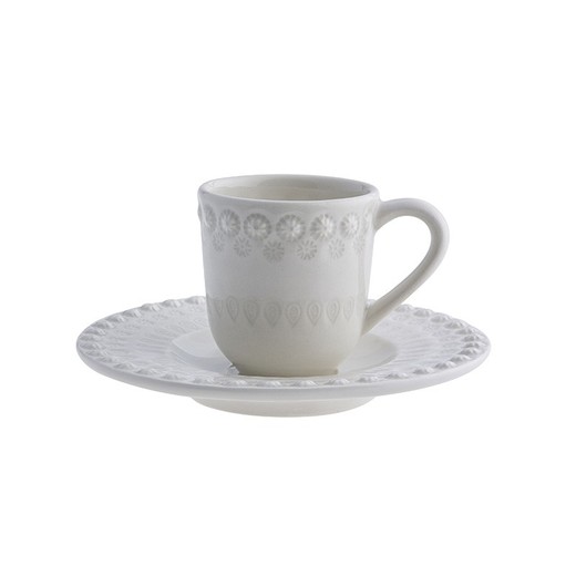 Kaffekop med underkop i lysegråt fajance, 14 x 14 x 9 cm | Fancy