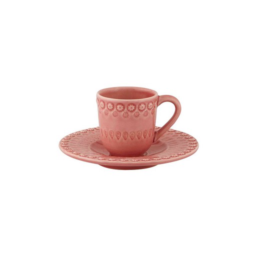 Taza de café con plato de loza en rosa, 14 x 14 x 9 cm | Fantasía