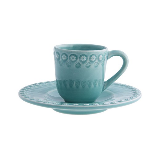 Turquoise earthenware coffee cup and saucer, 14 x 14 x 9 cm | Fantasy