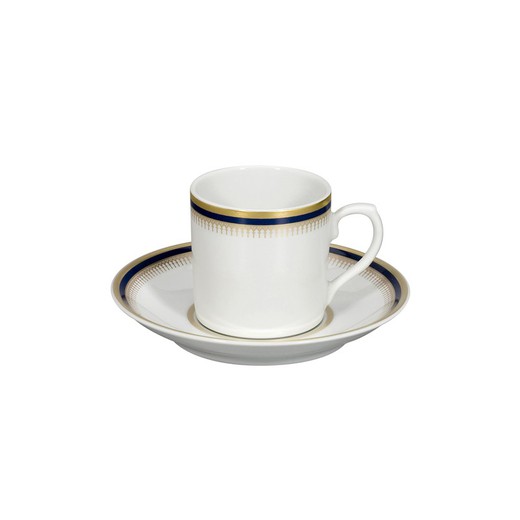 Porseleinen koffiekop en schotel in wit, blauw en goud, 11,6 x 11,6 x 5,4 cm | Cambridge