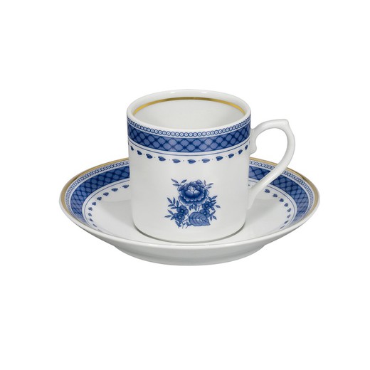 Weiße und blaue Kaffeetasse aus Porzellan mit Untertasse, 11,6 x 11,6 x 5,4 cm | Cozinha Velha