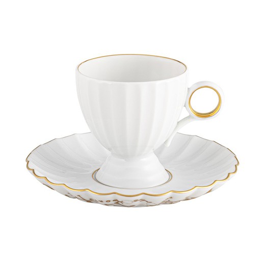 Porseleinen koffiekop en schotel in wit en goud, 12,2 x 12,2 x 6,6 cm | 200 jaar