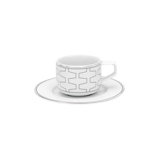 Kaffekopp i porslin med fat i vitt och platina, 12,6 x 12,6 x 4,8 cm | Trasso