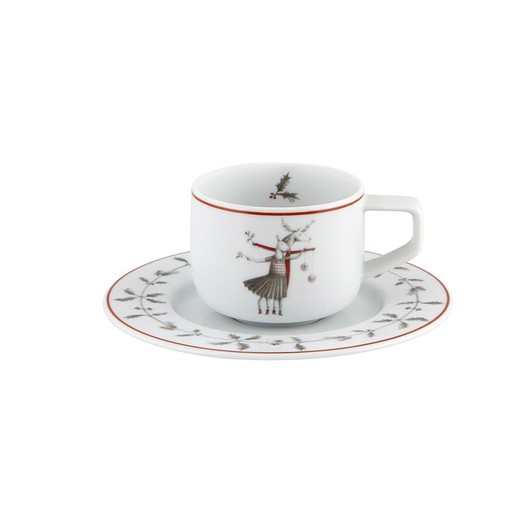 Volar porseleinen koffiekop met schotel in wit, rood en zwart, 12,6 x 12,6 x 4,8 cm | Noel