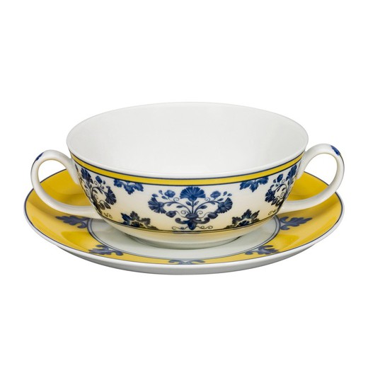 Porcelanowy kubek do zupy ze spodkiem w kolorze niebieskim i żółtym, Ø 17,1 x 5,22 cm | biały zamek