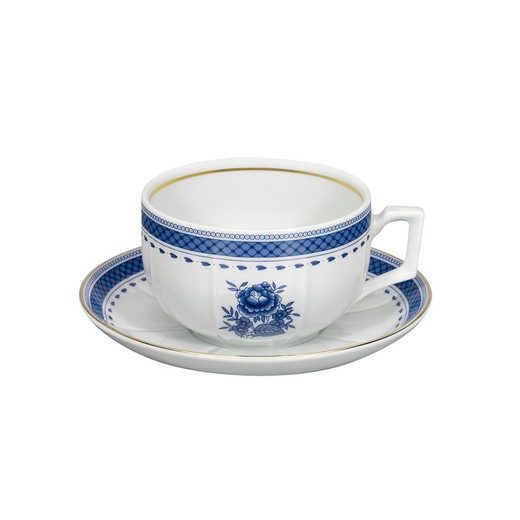 Xícara de café da manhã com pires em porcelana branca e azul, 15,8 x 15,8 x 6,5 cm | Cozinha Velha