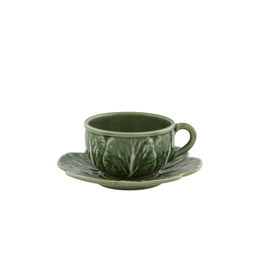 Green earthenware tea cup with saucer, Ø 15.5 x 8 cm | Cabbage