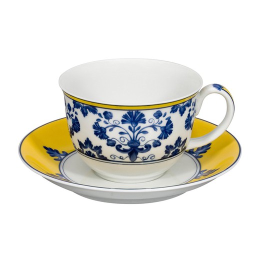 Teetasse aus Porzellan mit Untertasse in Blau und Gelb, Ø 14,9 x 6,5 cm | weisses Schloss