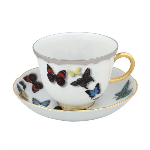 Porcelæn tekop med underkop i flerfarvet, Ø 13,9 x 6,6 cm | sommerfugleparade