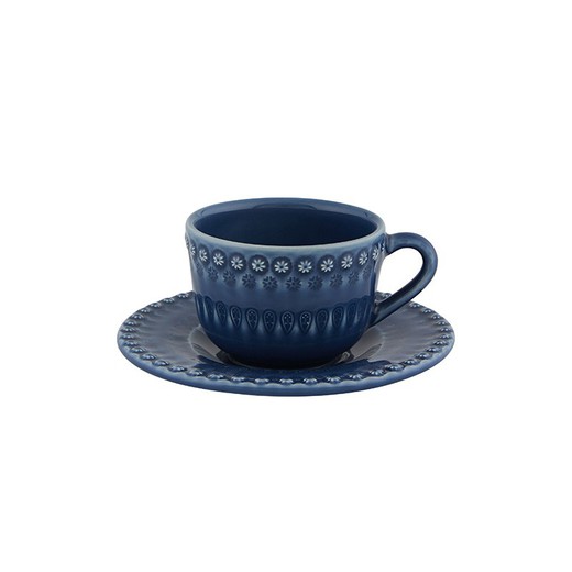 Teetasse mit Untertasse aus Steingut in Blau, 16,2 x 16,2 x 8,8 cm | Schick