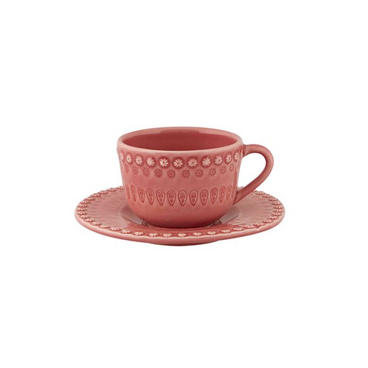 Teacup and saucer made of earthenware in pink, 16.2 x 16.2 x 8.8 cm | Fantasy