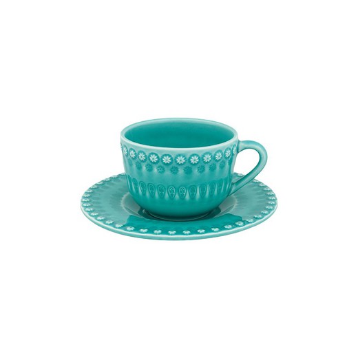 Türkise Teetasse aus Steingut mit Untertasse, 16,2 x 16,2 x 8,8 cm | Schick