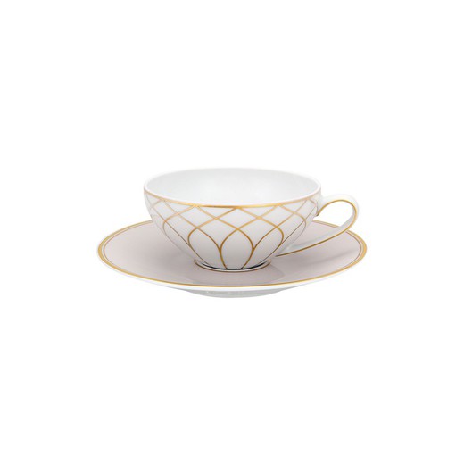 Teetasse aus Porzellan mit Untertasse in Weiß, Beige und Gold, 16,5 x 16,5 x 5,1 cm | Terrasse