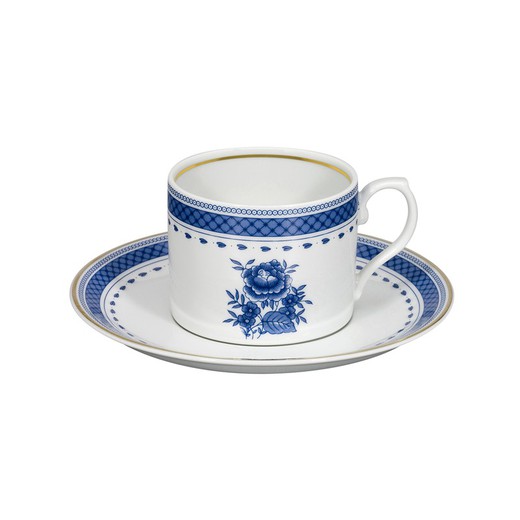 Tasse à thé en porcelaine avec soucoupe blanc et bleu, 14,9 x 14,9 x 6,7 cm | Cozinha Velha