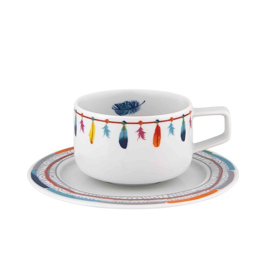 Tasse à thé en porcelaine avec soucoupe blanche et multicolore, 16,1 x 16,1 x 5,9 cm | attrape-rêves