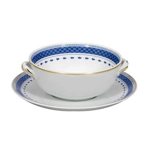 Xícara de consomê com pires em porcelana branca e azul, 17,1 x 17,1 x 5,2 cm | Cozinha Velha