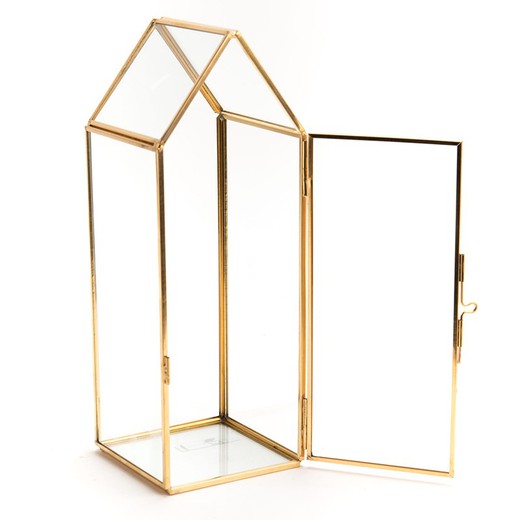 Terrário de vidro e metal dourado e transparente, 10 x 9 x 25 cm