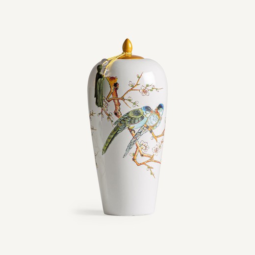 Dekoracyjny tibor ceramiczny w kolorze białym i złotym, 20 x 20 x 44 cm | Azzada